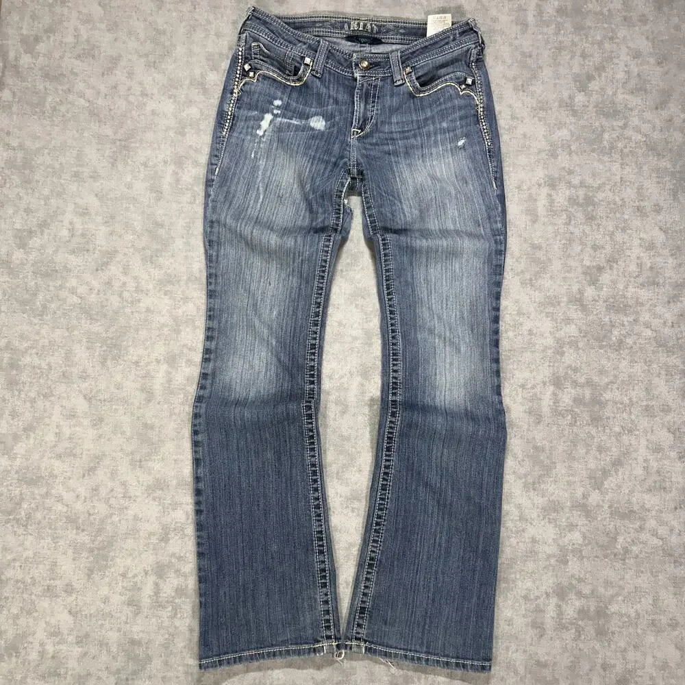 Ariat Denim Embroidered Studded Low Rise Bootcut Jeans Turquoise Wms 29 Western